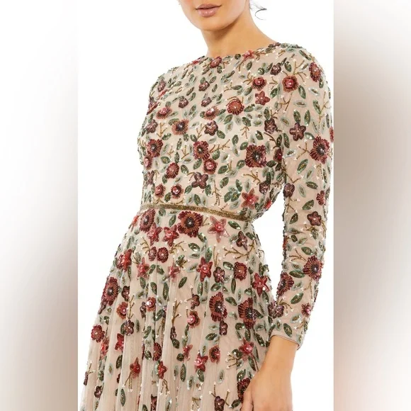 NWT $698 MAC DUGGAL Beige Embellished High Neck Long Sleeve A Line Gown DRESS - Picture 8 of 8